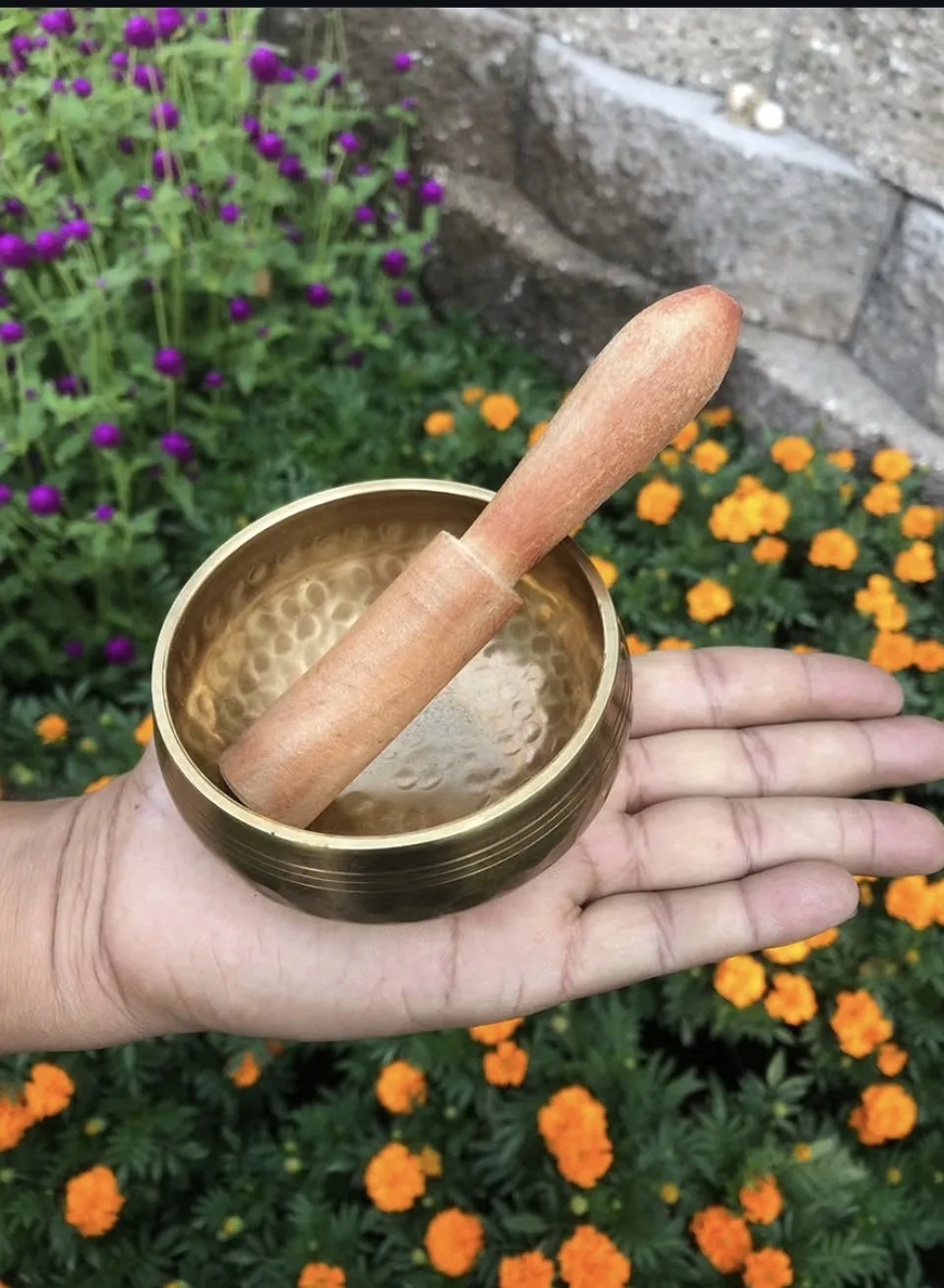 A small singing bowl held in an open palm in the garden