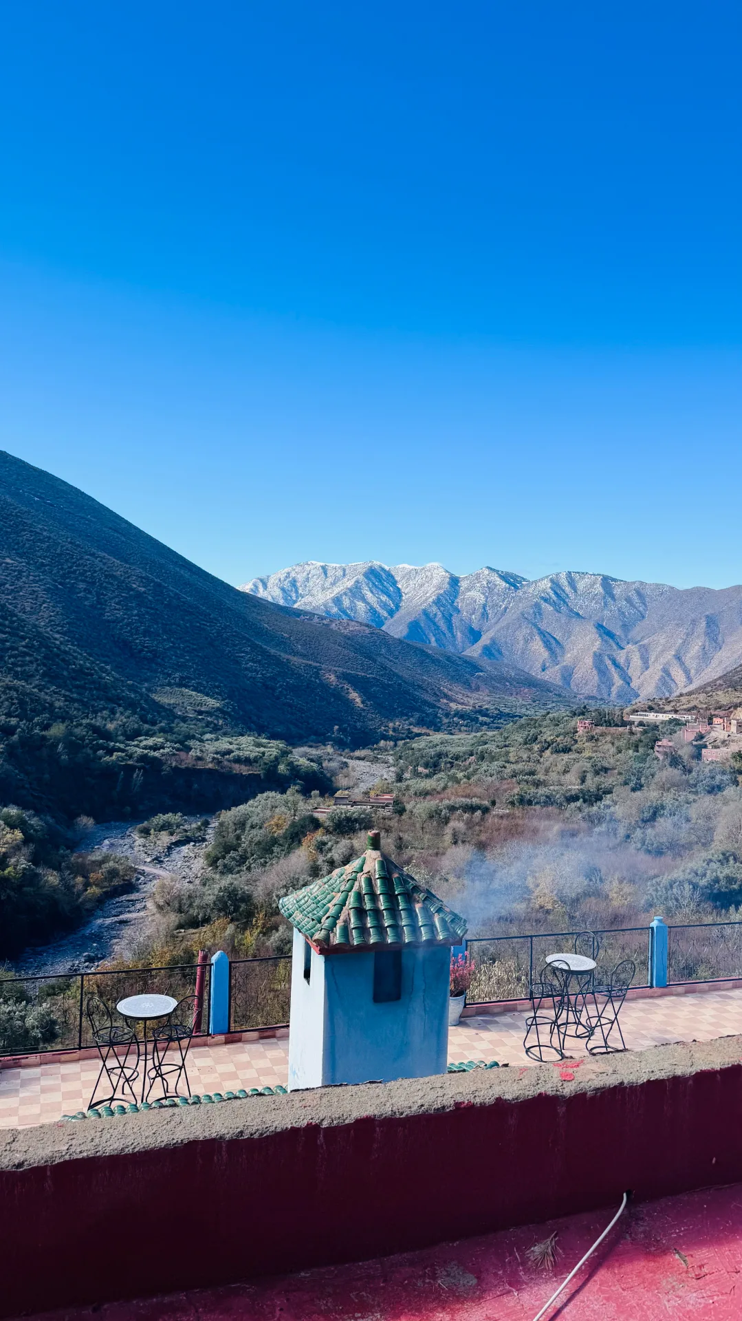 Snow-dusted High Atlas peaks seen from the Dar Tassa terrace