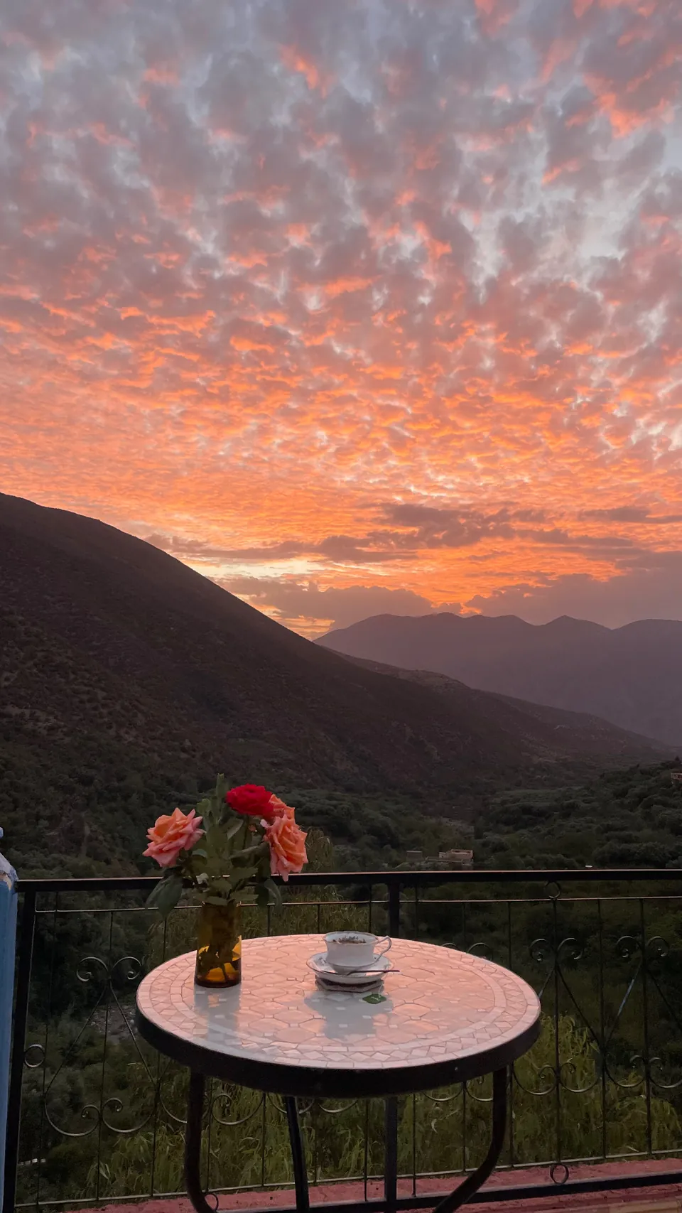 Roses and a cup of tea on the balcony table as the sky turns orange over the valley