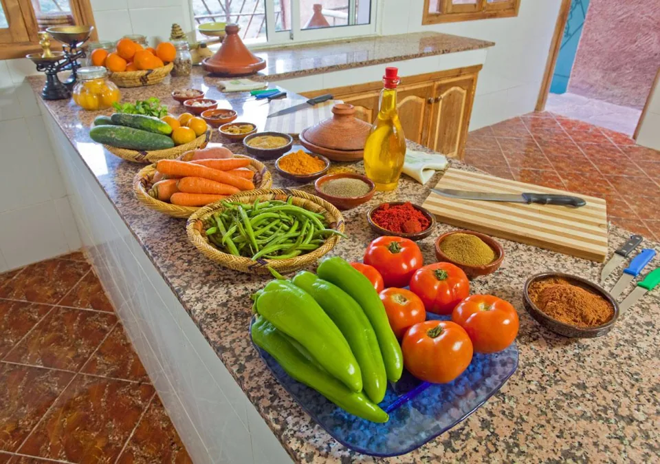 Fresh market vegetables and spices ready for the kitchen